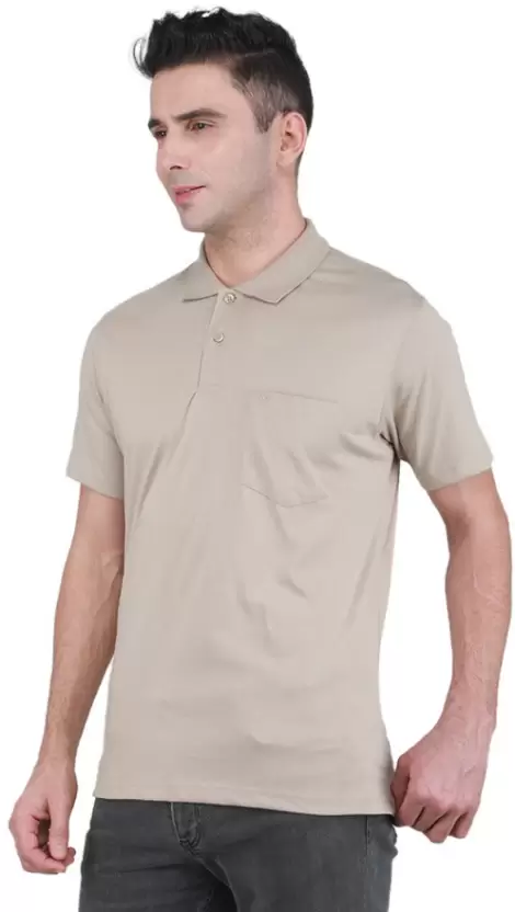 Men Solid Polo Neck Poly Cotton Beige T-Shirt