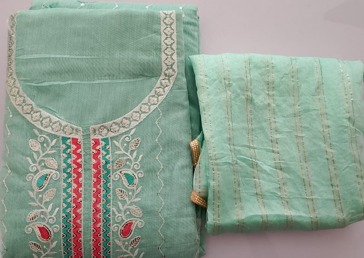 Cotton Elaichi colorful Embroidery Suits, Unstitched Fabric