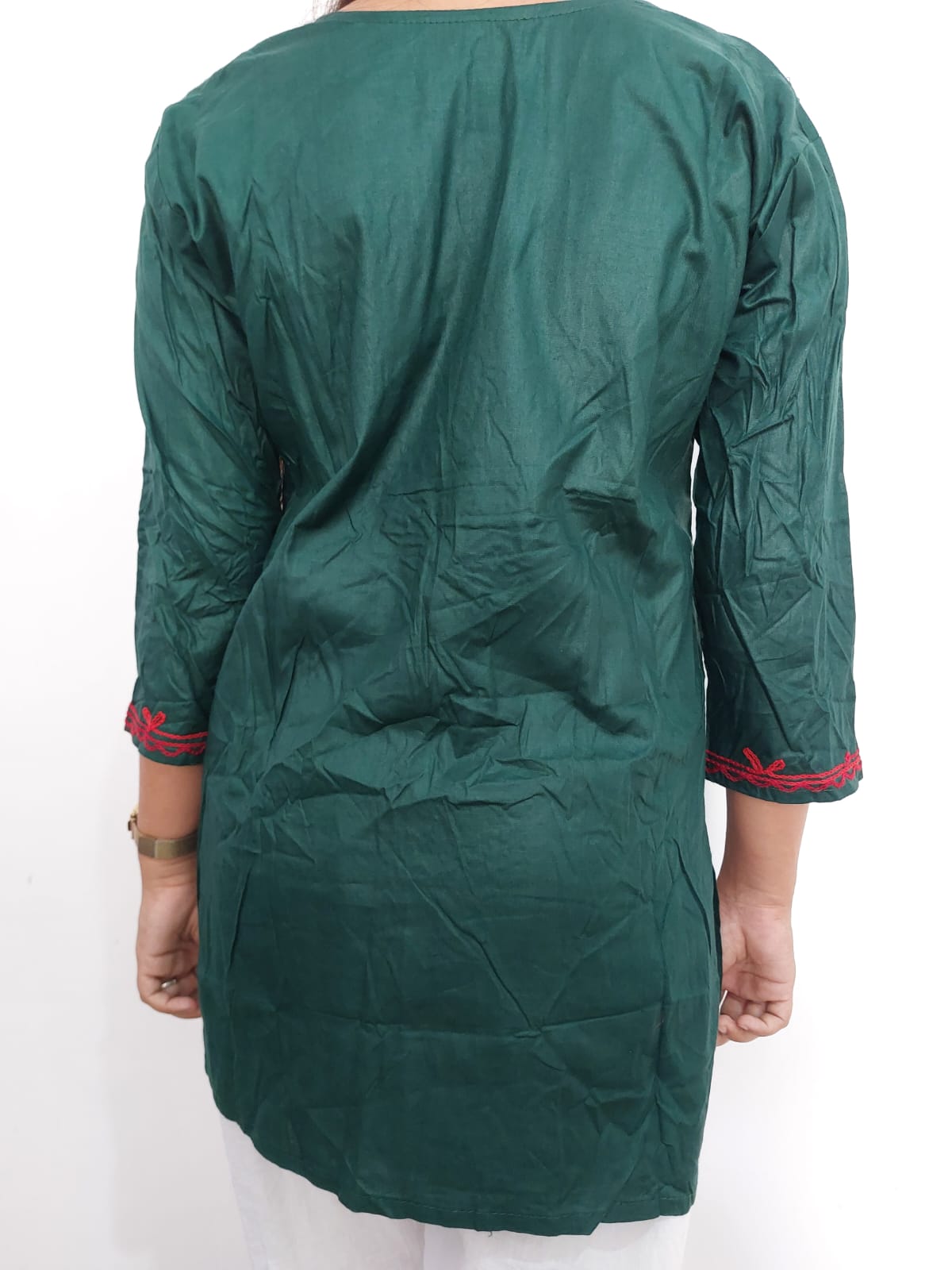 Women embroidered cotton straight kurta  (Dark Green)