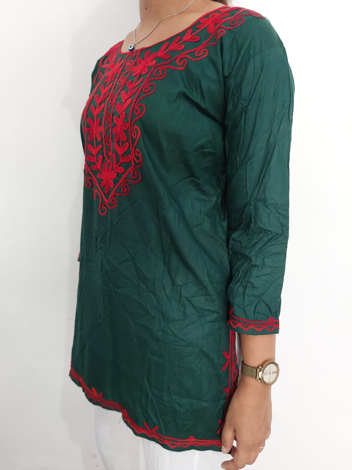 Women embroidered cotton straight kurta  (Dark Green)