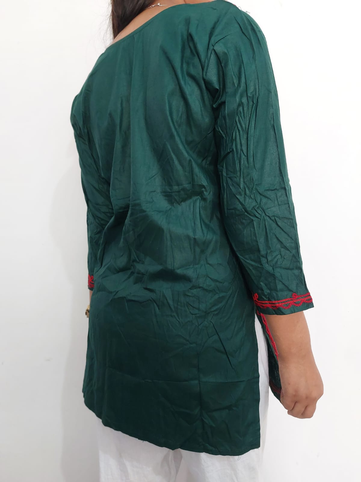 Women embroidered cotton straight kurta  (Dark Green)