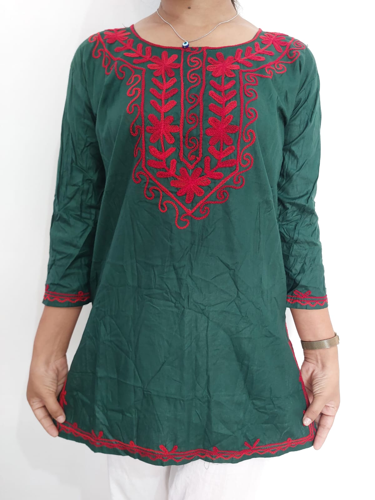 Women embroidered cotton straight kurta  (Dark Green)