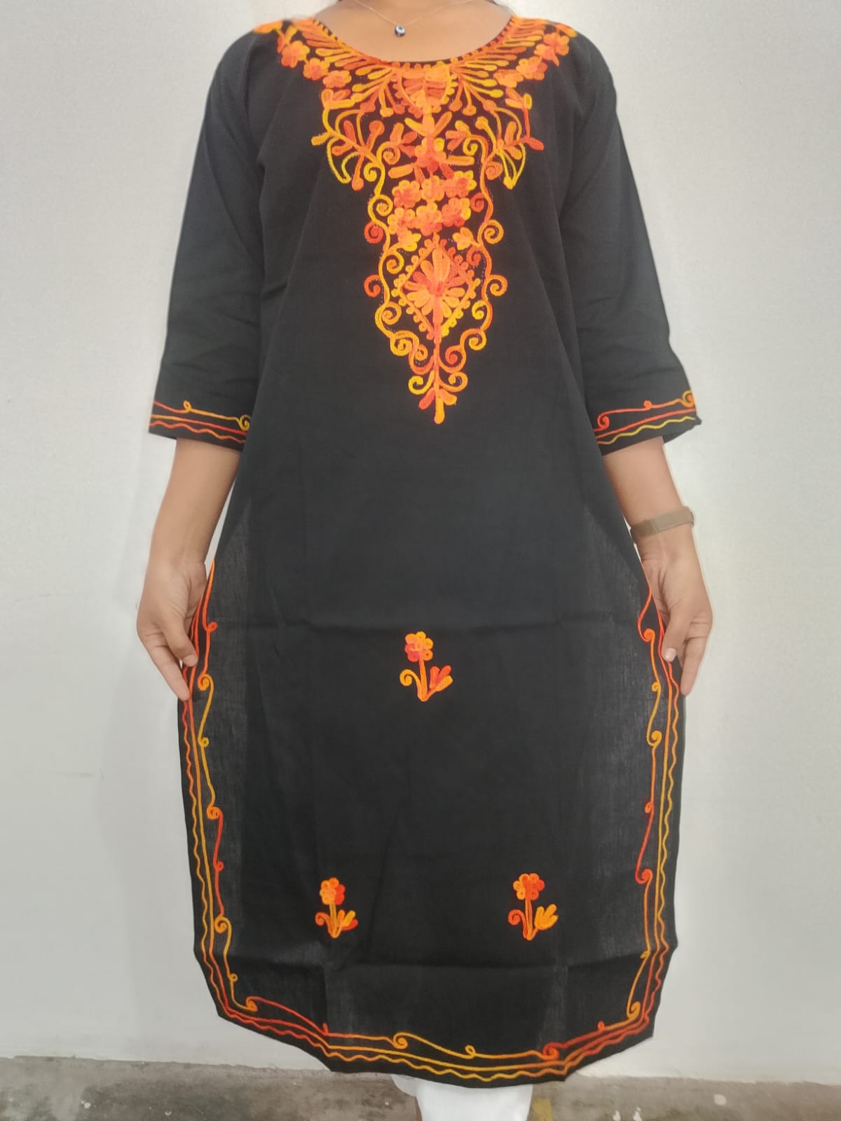 Women chikan embroidery, embroidered pure cotton A-line kurta