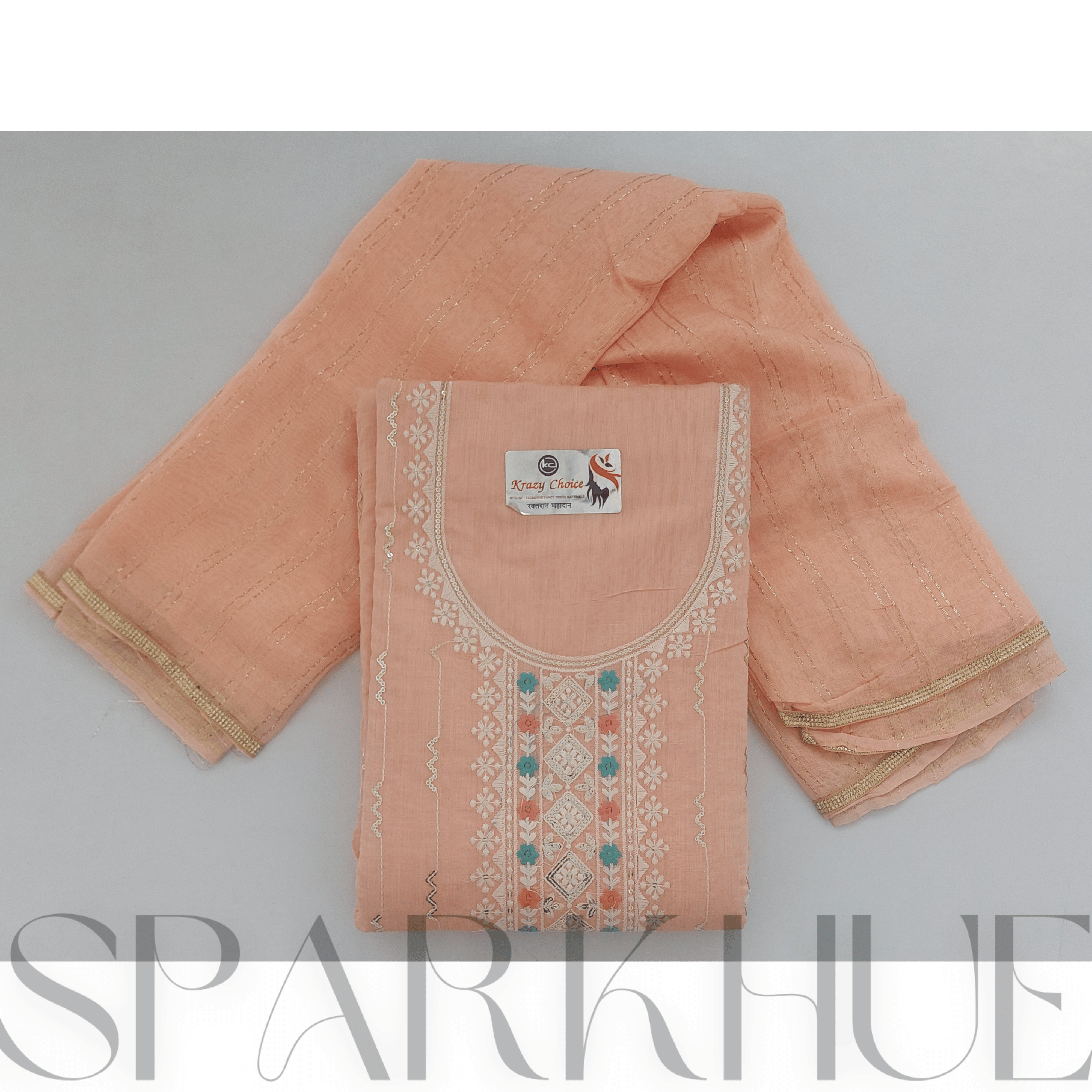 Unstitched embroidered peach kurta set