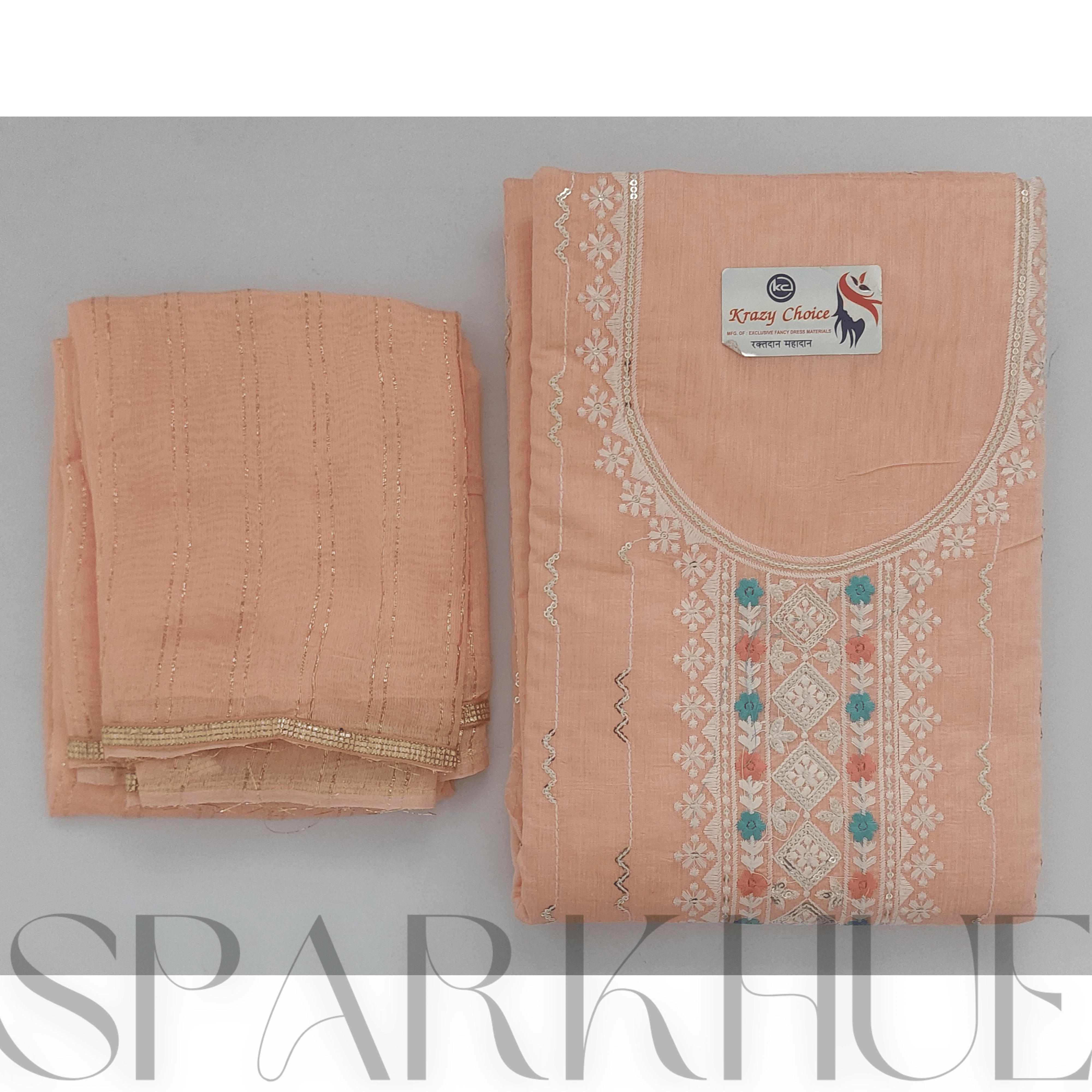   Unstitched embroidered peach kurta set