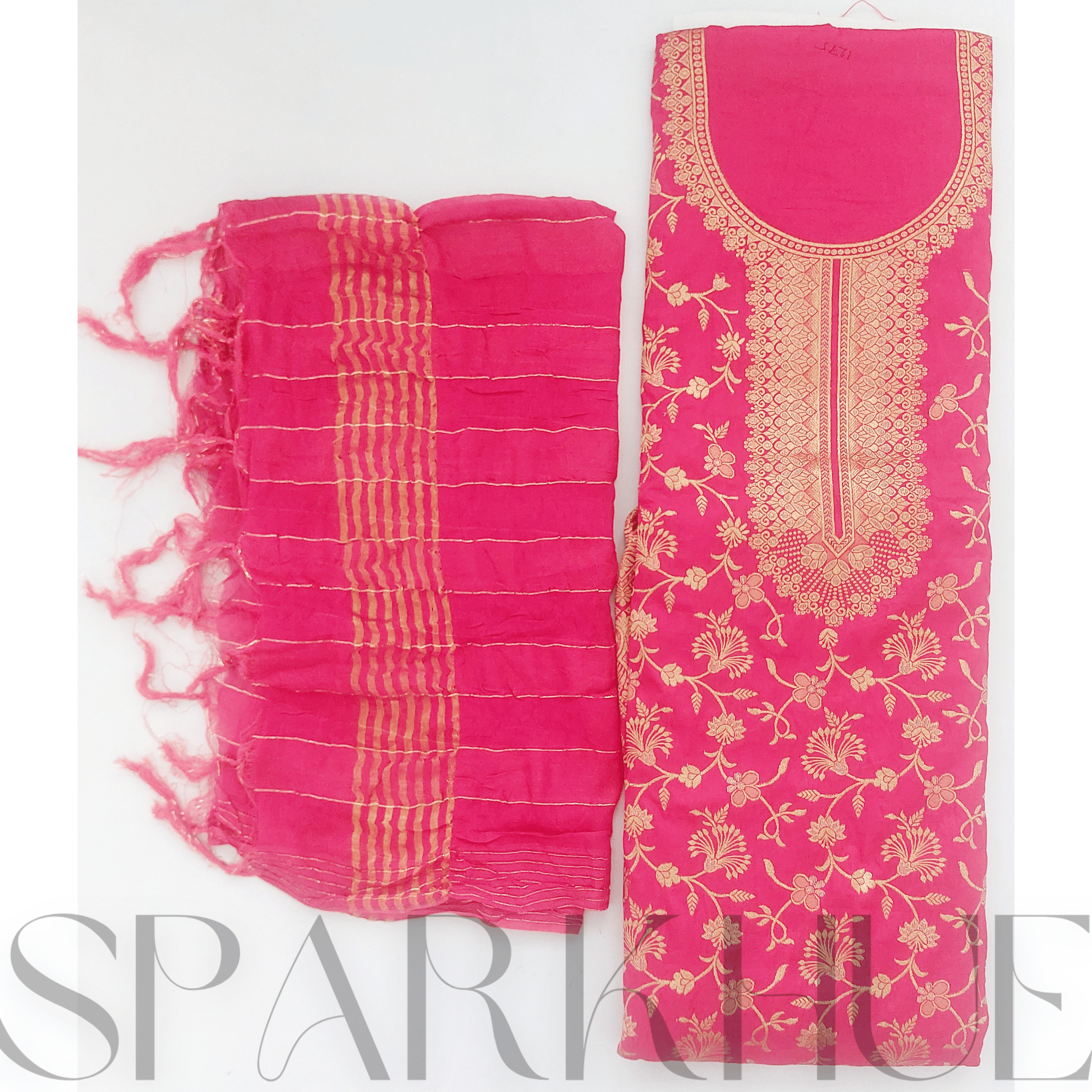 Unstitched women fashion wear embroidered bright pink elegant traditional (Banarasi Kurti)