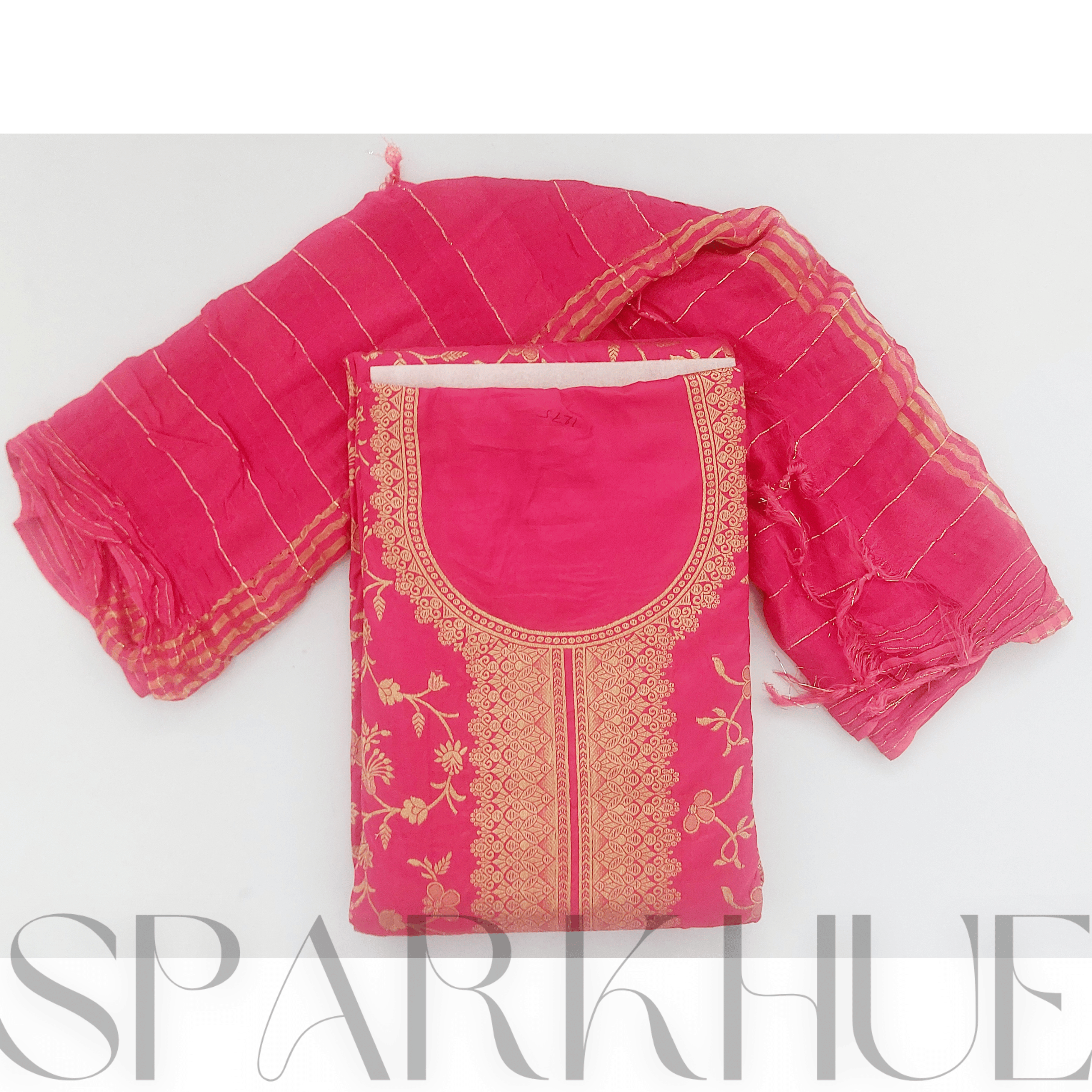  Unstitched women fashion wear embroidered bright pink elegant traditional (Banarasi Kurti)