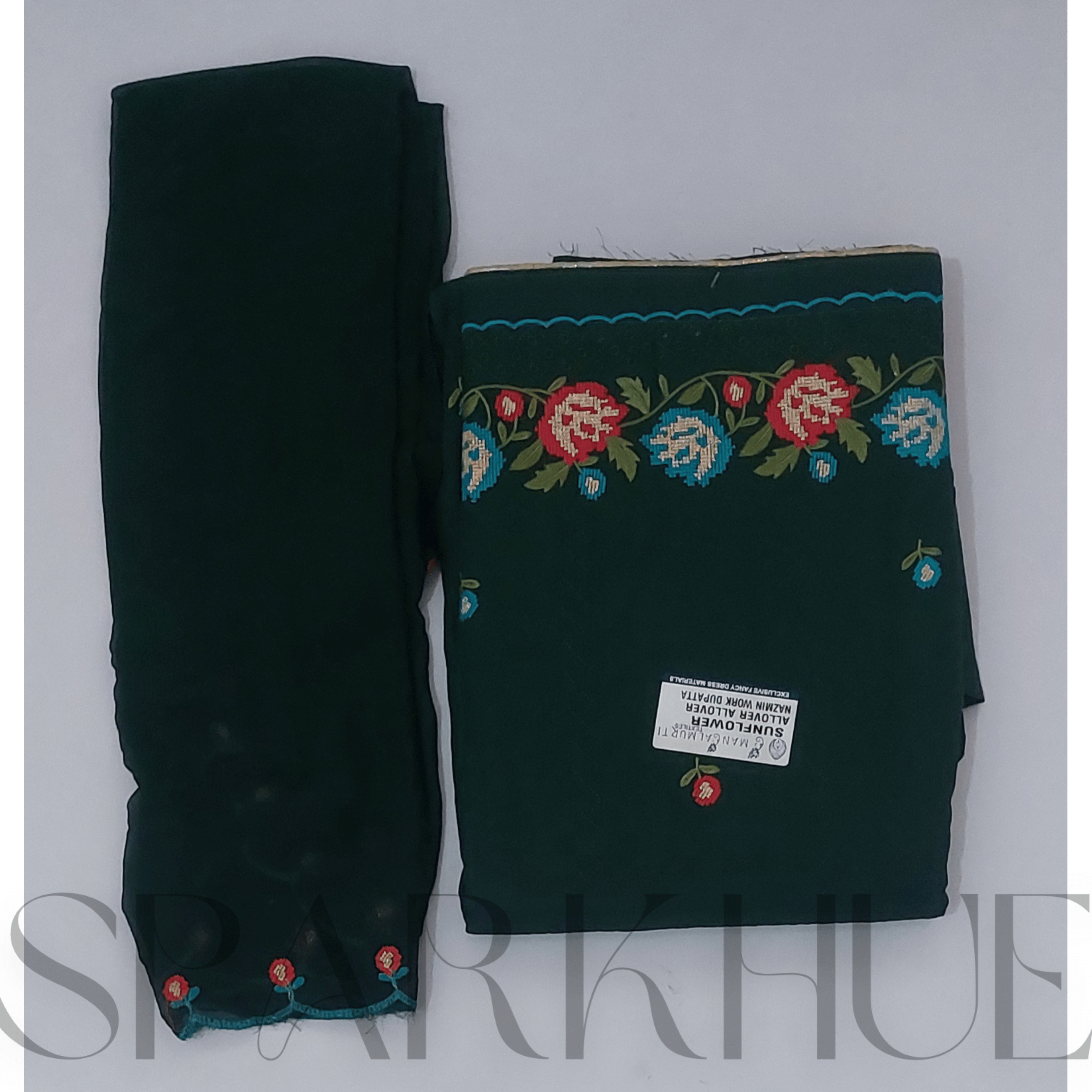 Unstitched embroidered fabric set elegant dark green,marron  fabric with floral 