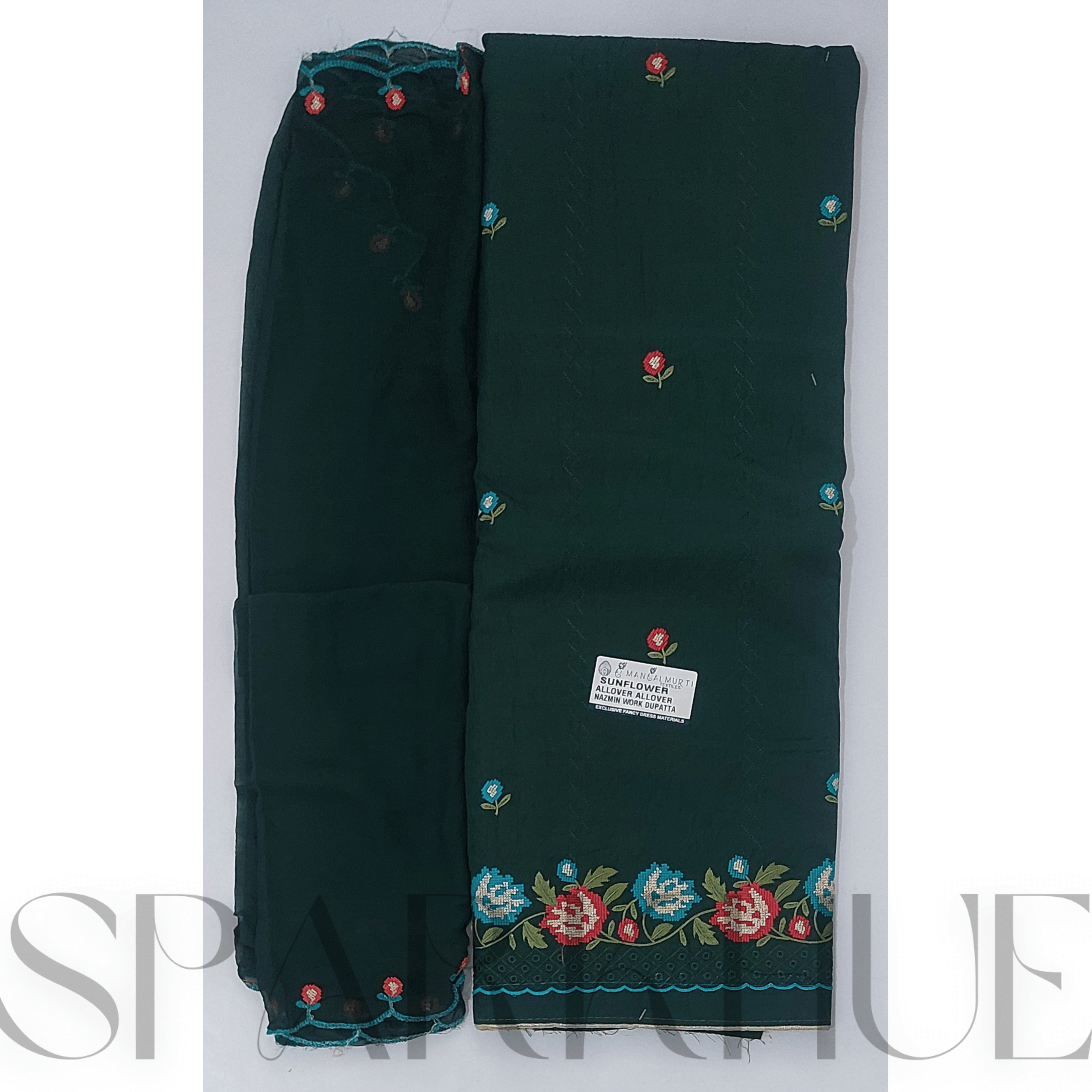 Unstitched embroidered fabric set elegant dark green,marron  fabric with floral 