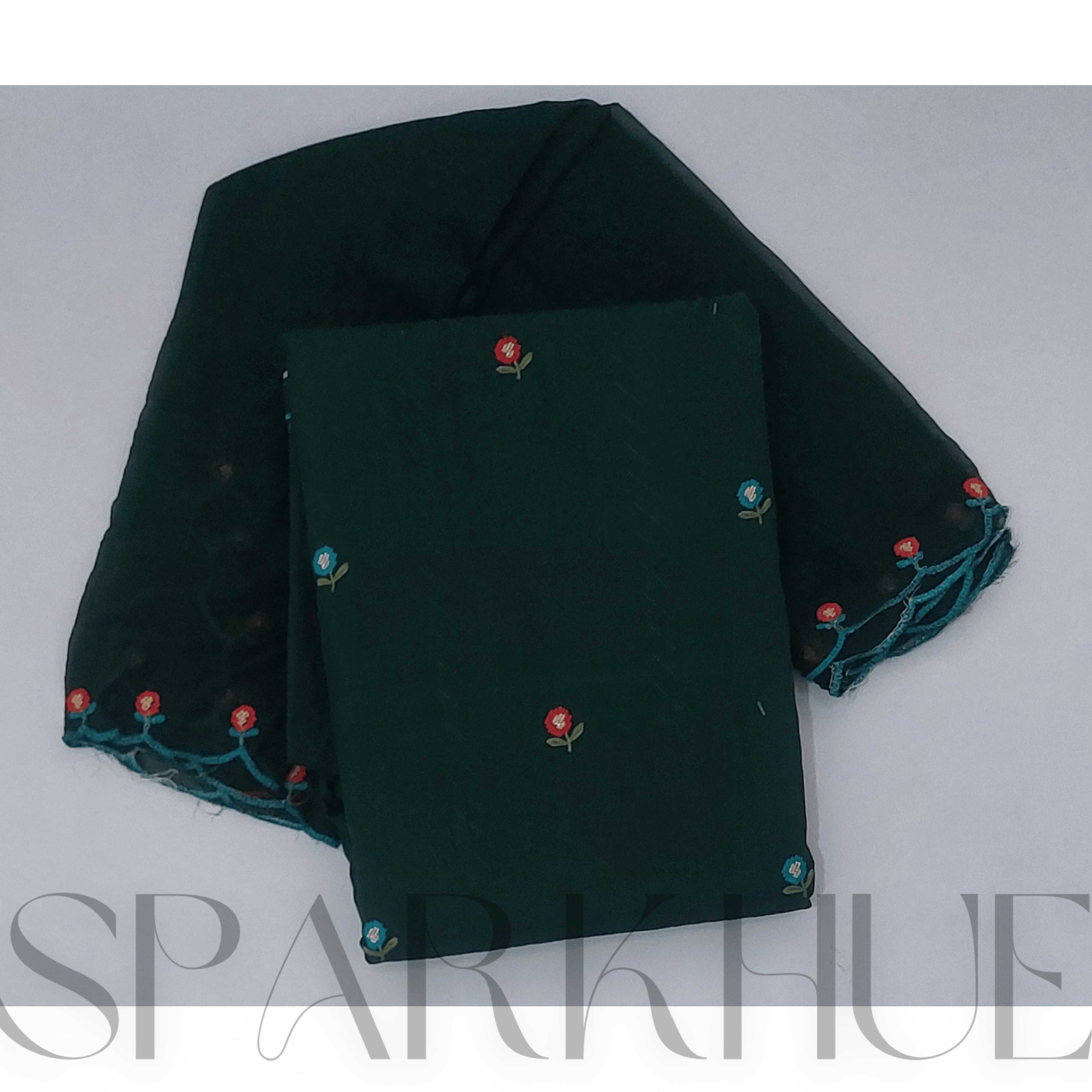 Unstitched embroidered fabric set elegant dark green,marron  fabric with floral 