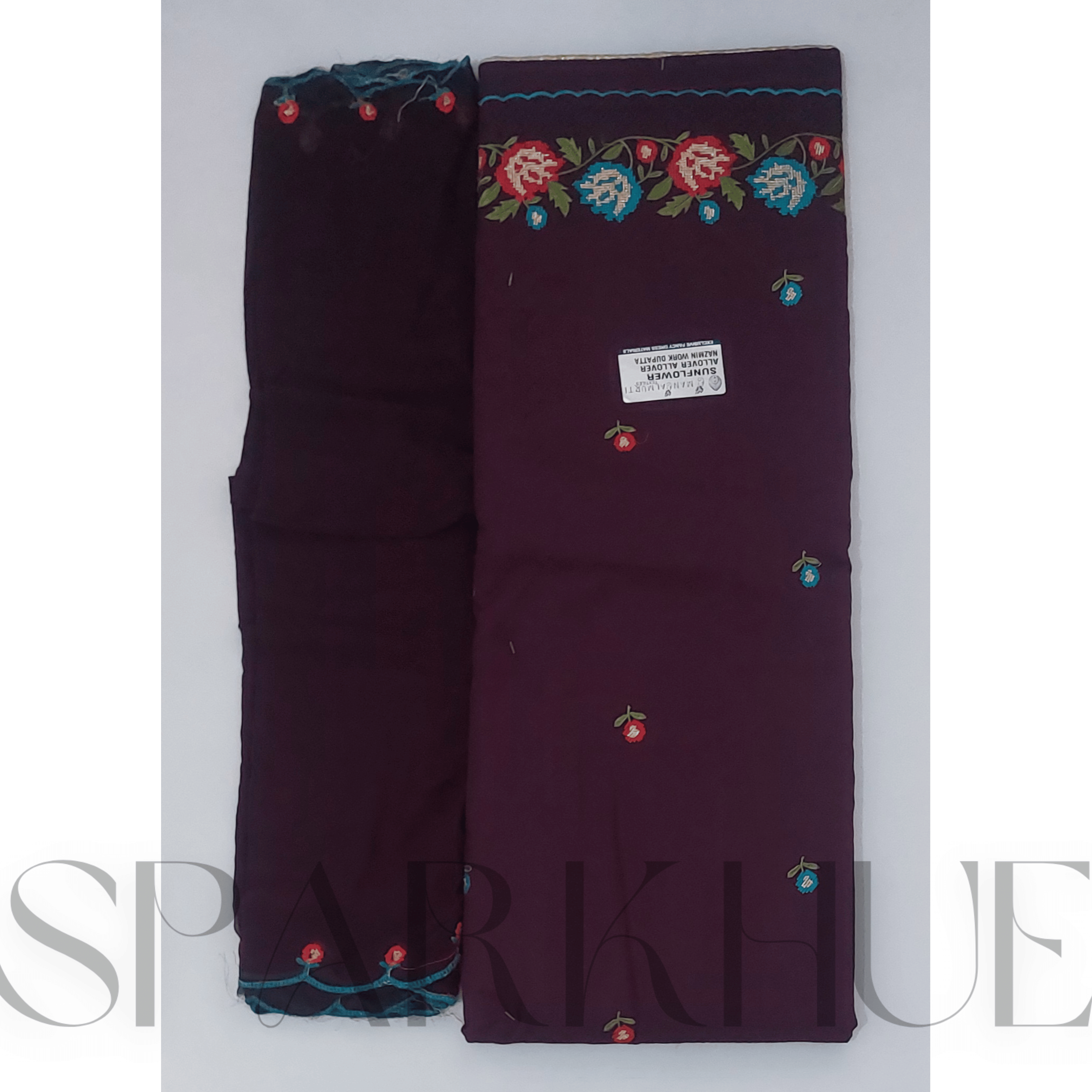 Unstitched embroidered fabric set elegant dark green,marron  fabric with floral 