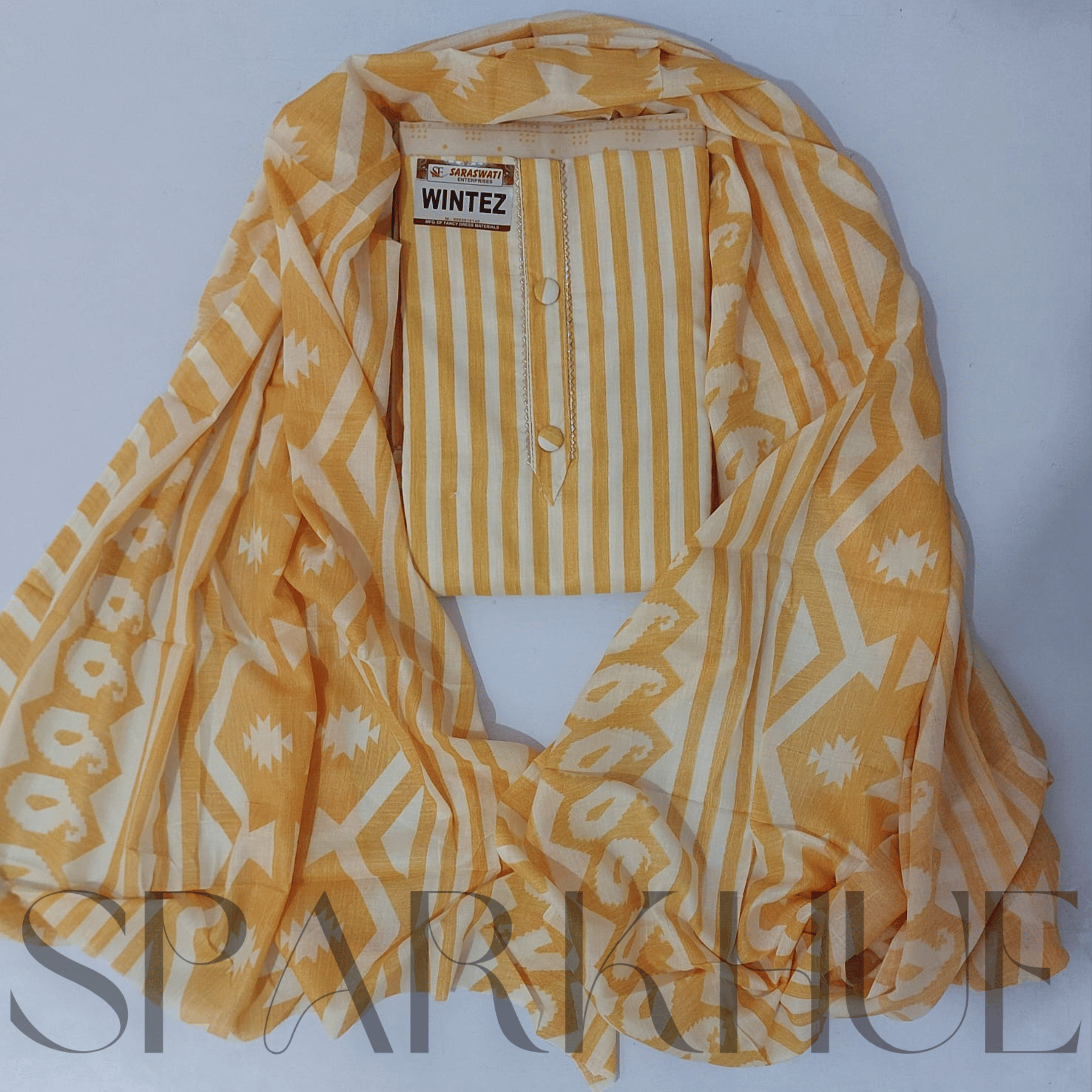 Unstitched pure cotton kurta set yellow and white design