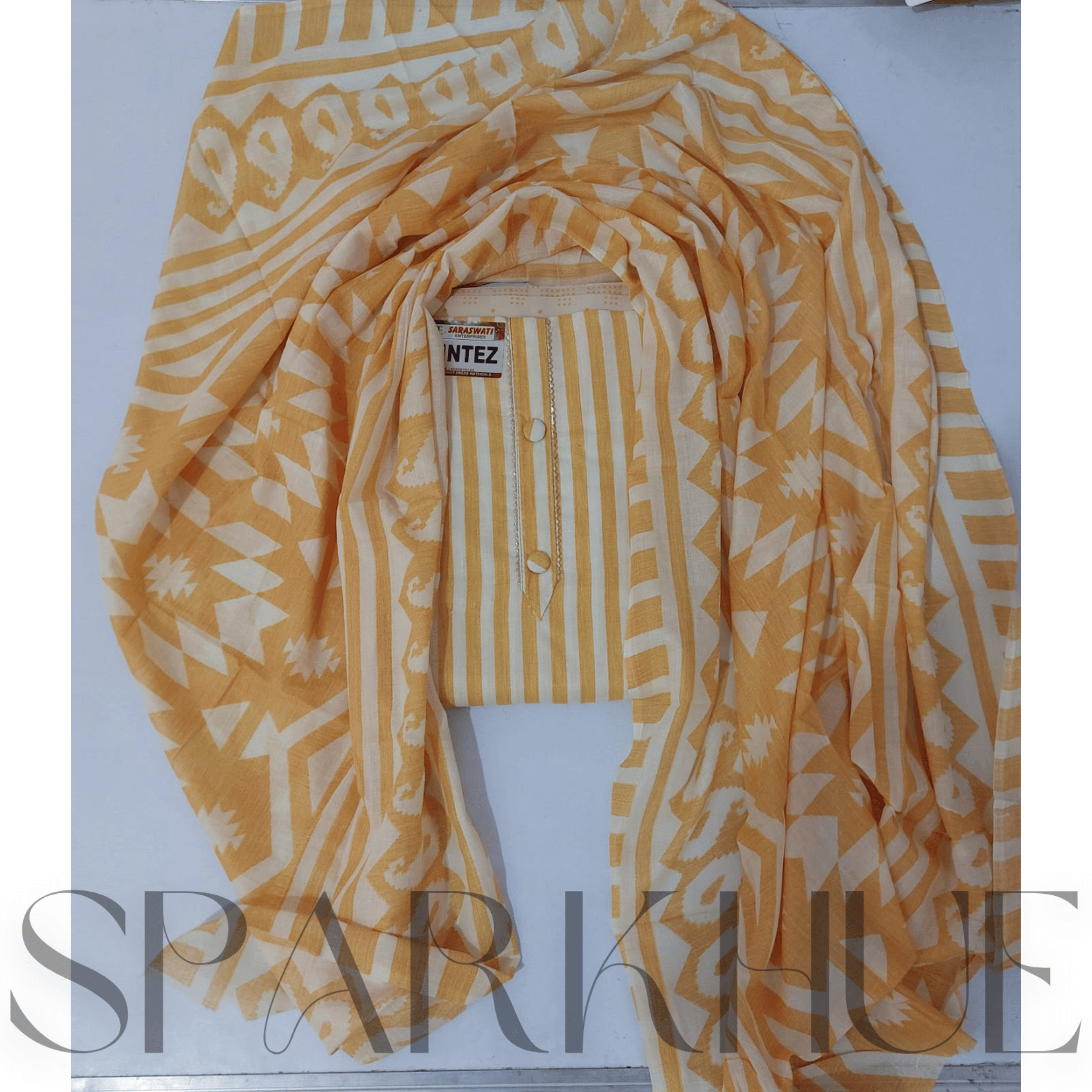 Unstitched pure cotton kurta set yellow and white design