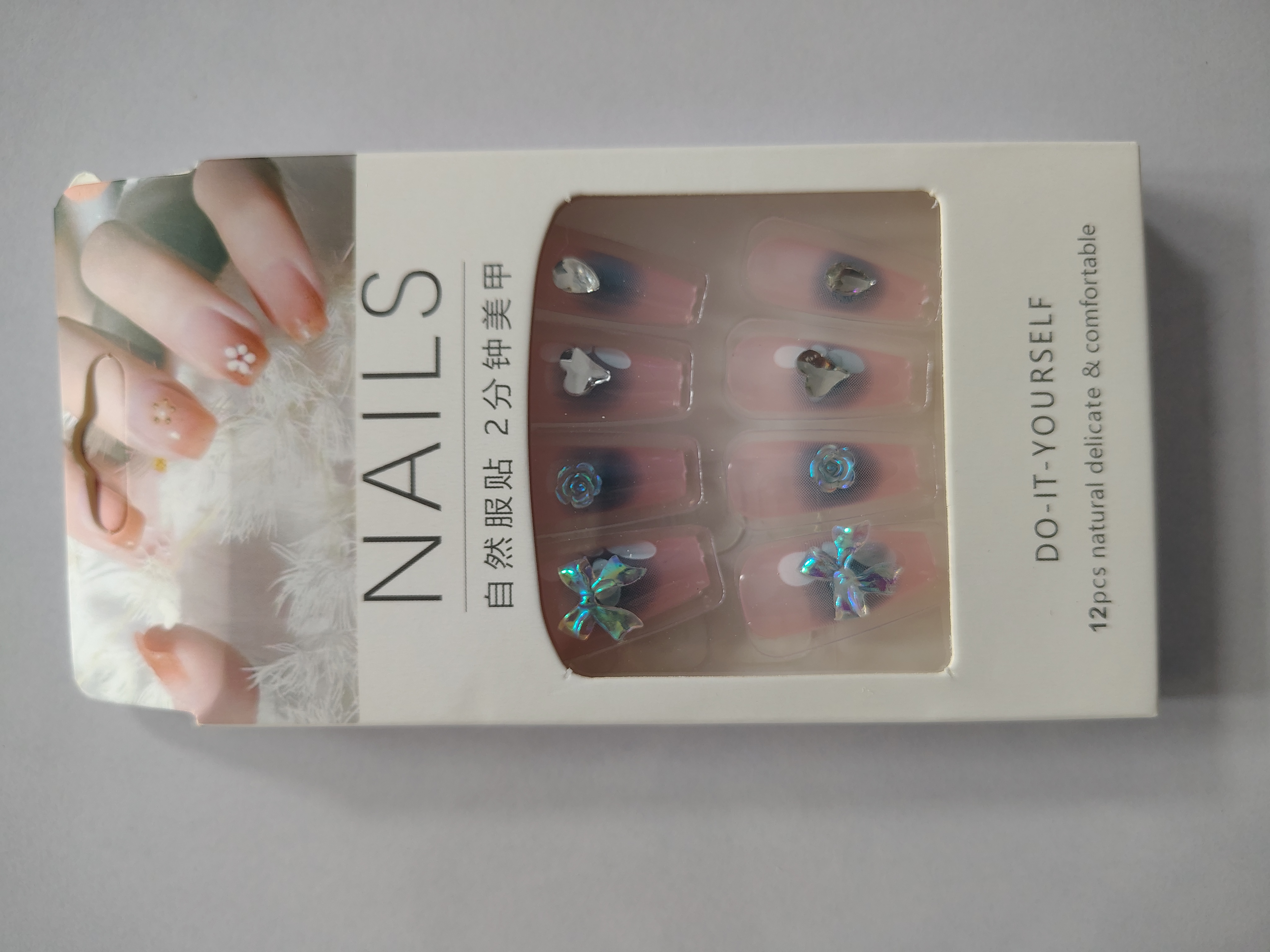 Artificial Reusable White Bow & Colorful Stone Décor Nails Set With Glue Set Of 2 Pack