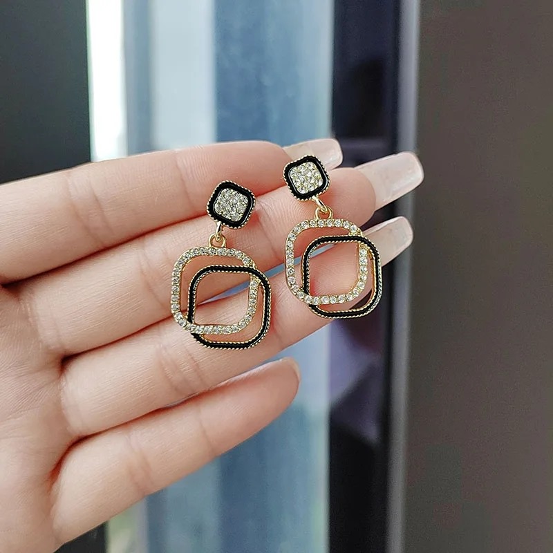 Square Rhinestone Layered Geometric Earrings Korean Earring