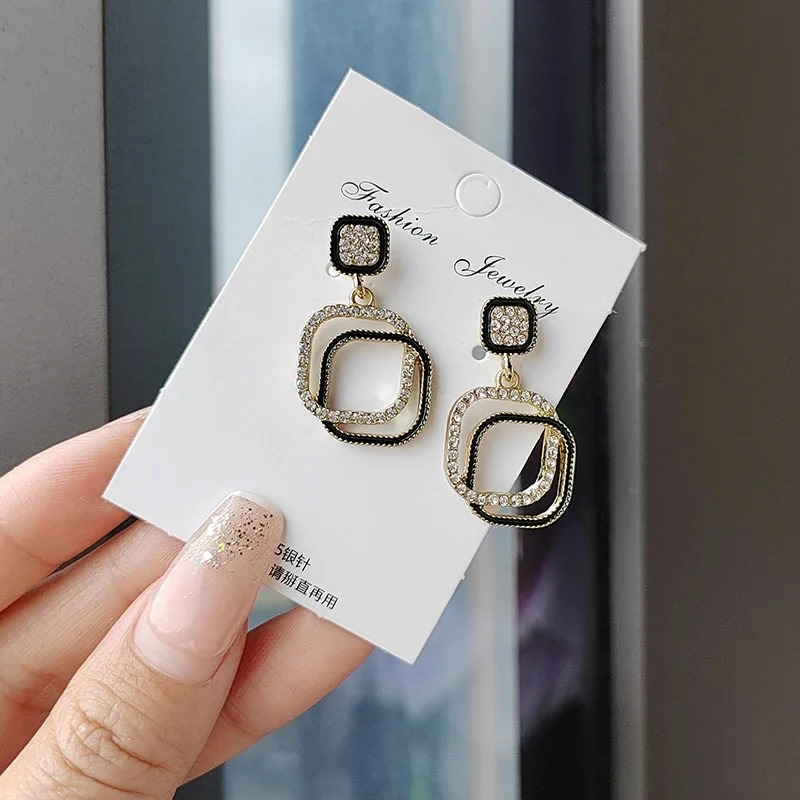 Square Rhinestone Layered Geometric Earrings Korean Earring