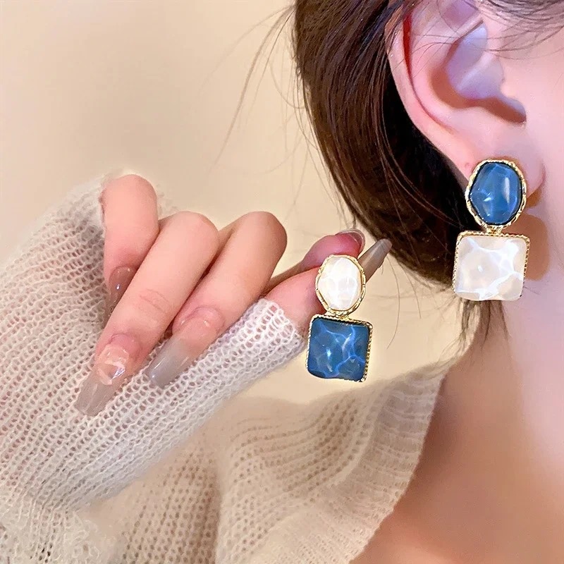 Round Square Stone Korean Style Fashion Earrings For Girl