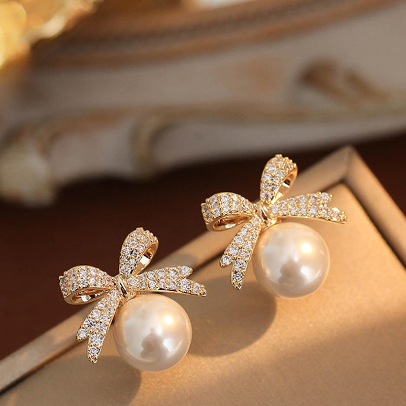  Pearl & Rhinestone Bowknot Ear Clips, High-End Non-Pierced Earrings Wholesale