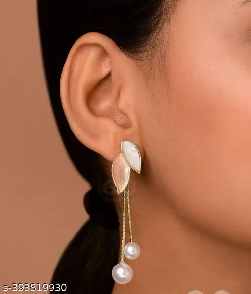 Korean Earrings Beige Leaf With Pearl Drops & Danglers Earrings