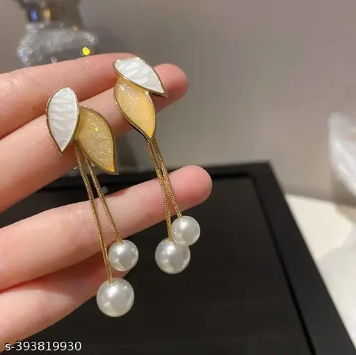 Korean Earrings Beige Leaf With Pearl Drops & Danglers Earrings