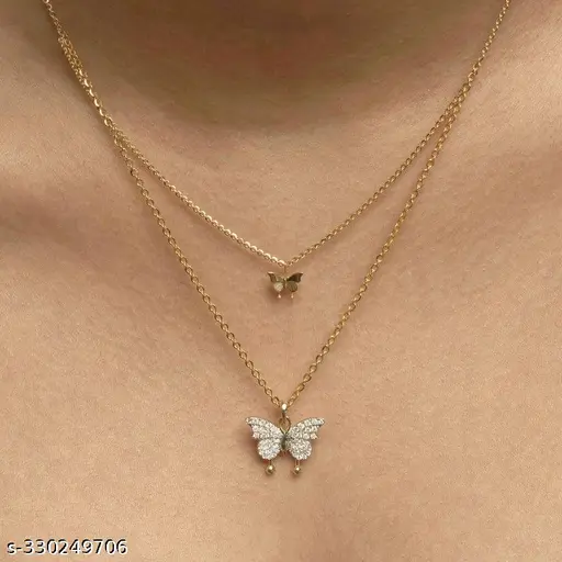 Enacolor Delicate Crystal Butterfly Double Pendant Necklace for Women Girl Accessories