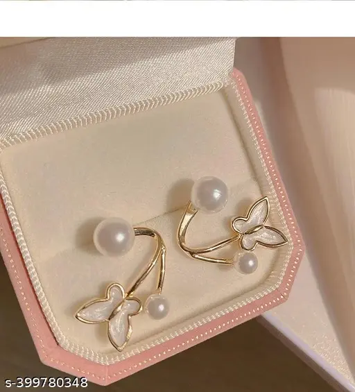 Delicate gold earrings, small pearl stud earrings with butterfly design