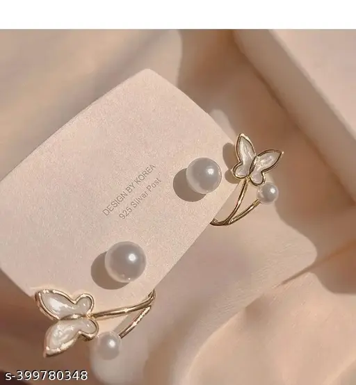 Delicate gold earrings, small pearl stud earrings with butterfly design