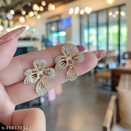Rhinestone Embedded Flower Drop Petal Korean Earrings