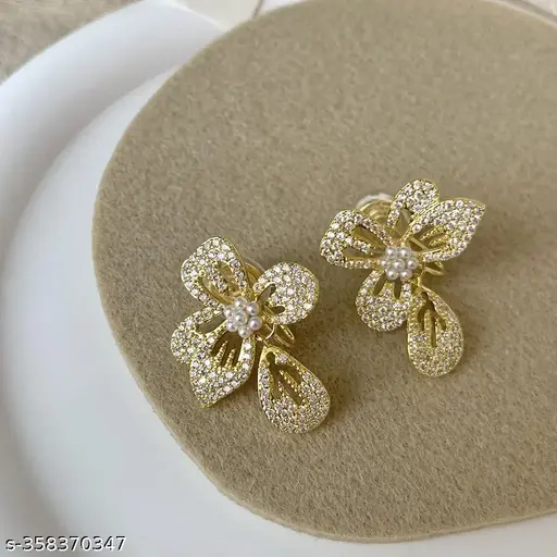 Rhinestone Embedded Flower Drop Petal Korean Earrings