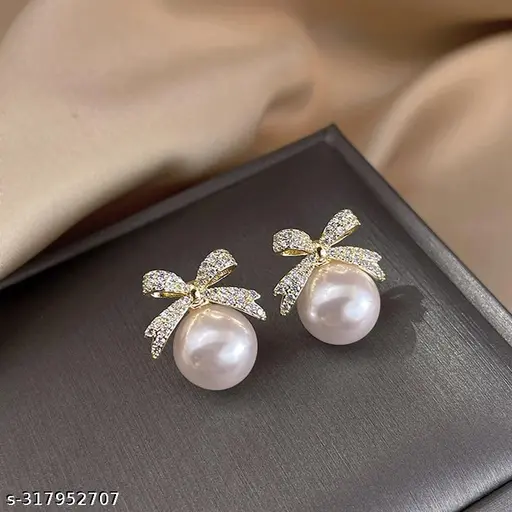 Rainbowking Dainty Unique Needle Temperament Exquisite Bow Tie Pearl Earrings