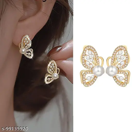 Arzonai Butterfly Earrings Female Korea A Two-Wear Pearl Diamond Butterfly Pearl Stud Earrings Simple Personality Earrings