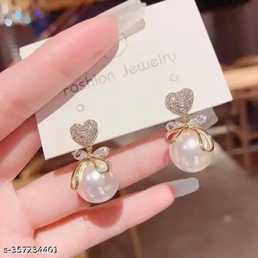 Heart and bow pearls design earrings for women and girls