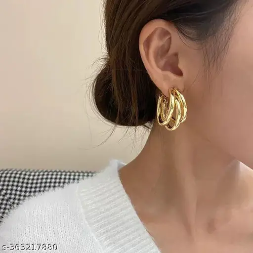 TheVineGirl Korean Golden Simple Curved Triple Hoop Earrings For Women/Girls