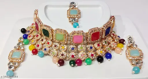 Multicolor Queen Art Party Wear Multi Choker Set With Earring And Mangtika For Women
