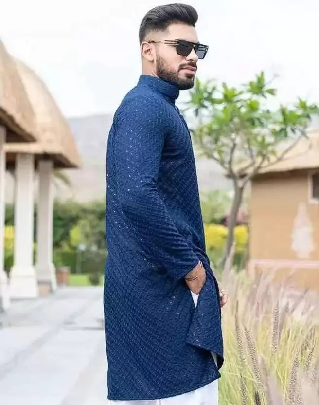 Men's Chikan Embroidery Viscose Rayon Straight Kurta