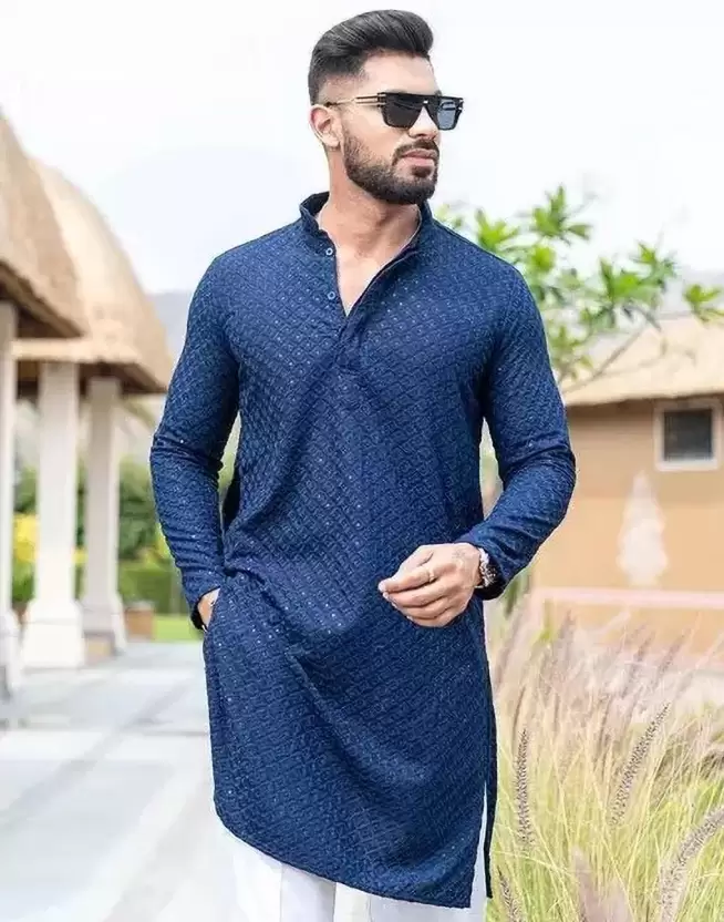 Men's Chikan Embroidery Viscose Rayon Straight Kurta
