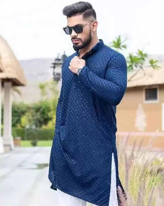 Men's Chikan Embroidery Viscose Rayon Straight Kurta