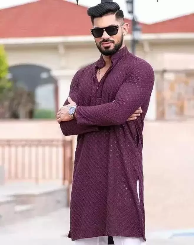 Men's Chikan Embroidery Viscose Rayon Straight Kurta