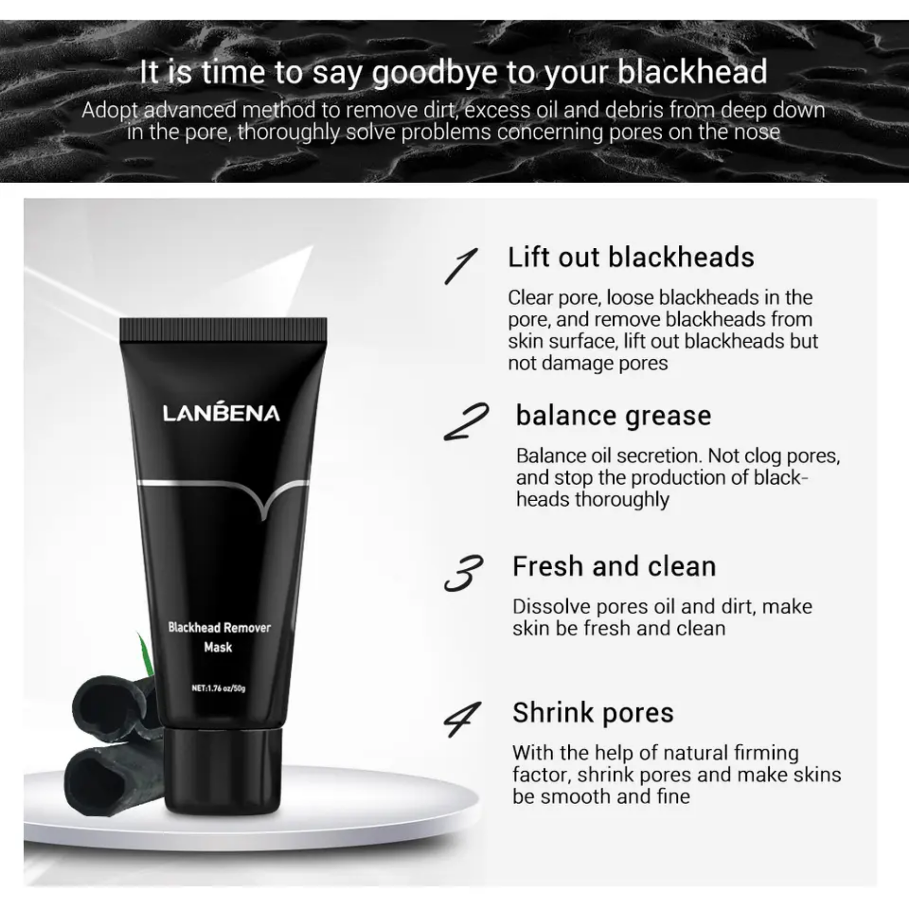 LANBENA Natural Bamboo Charcoal Blackhead Remover Mask Nose Black Head Pore Strips Peel Off Facial Mask