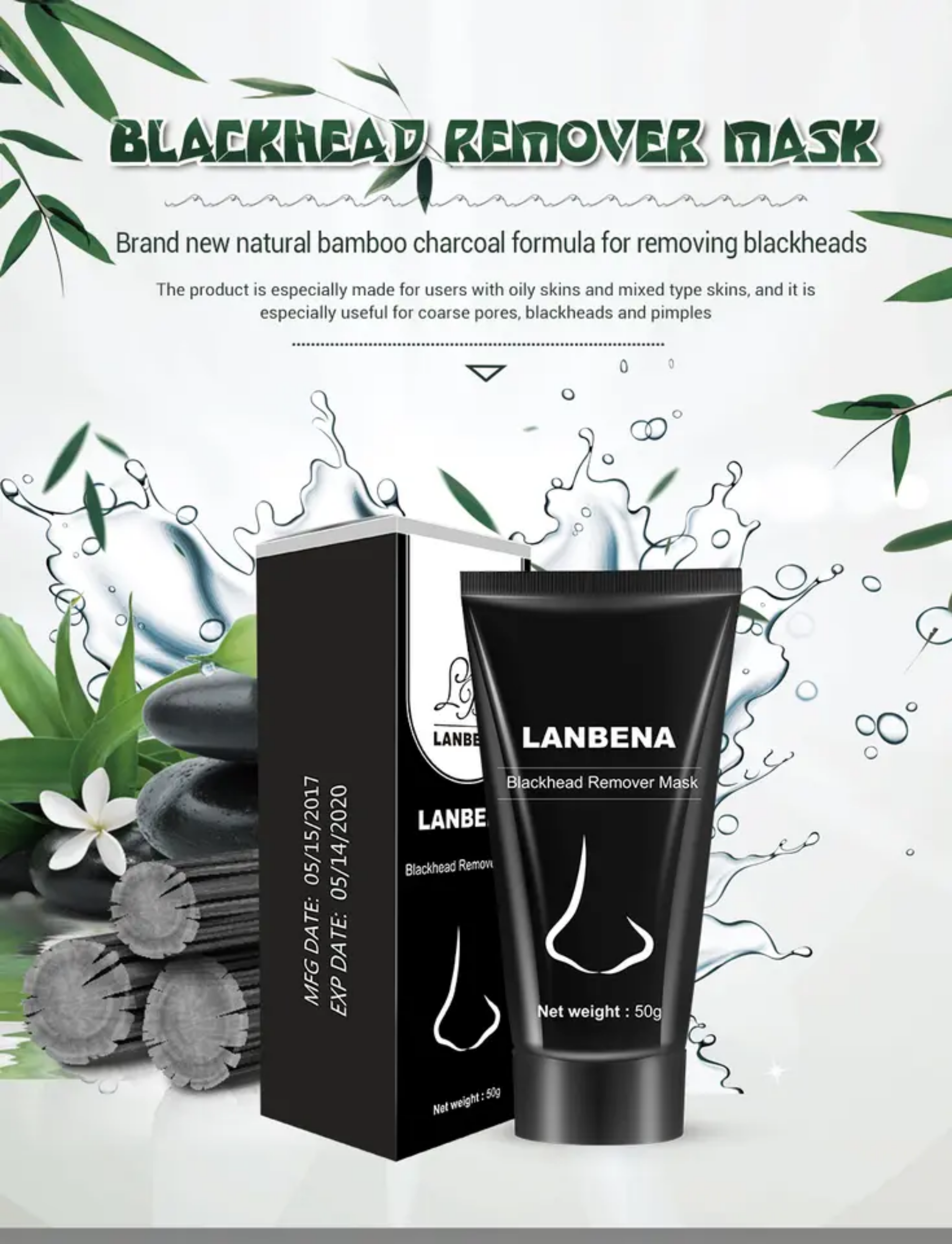LANBENA Natural Bamboo Charcoal Blackhead Remover Mask Nose Black Head Pore Strips Peel Off Facial Mask