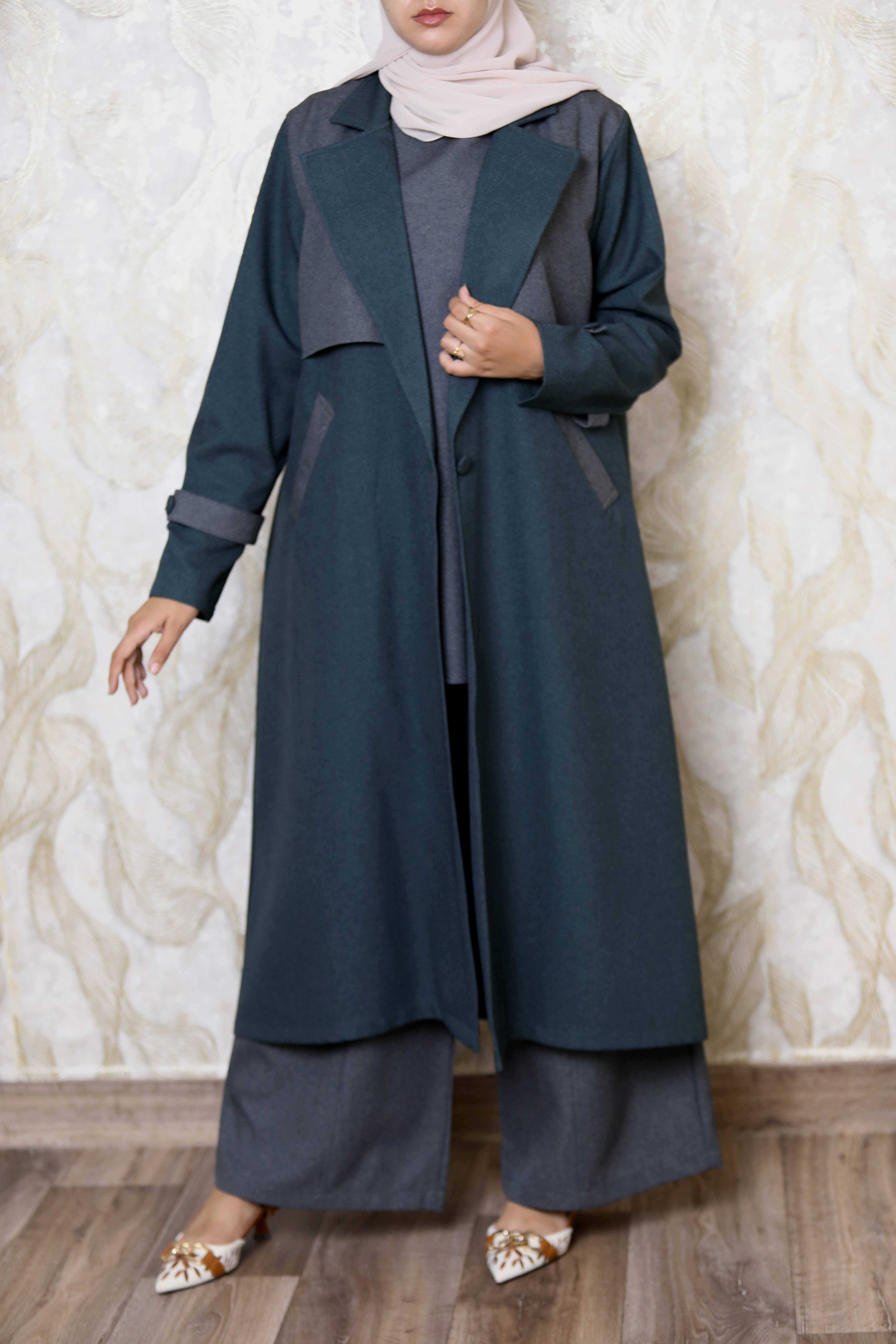 Ensembles 3 pièces Pantalon + Tunique + Manteau Trench Coat  long  moderne (D)