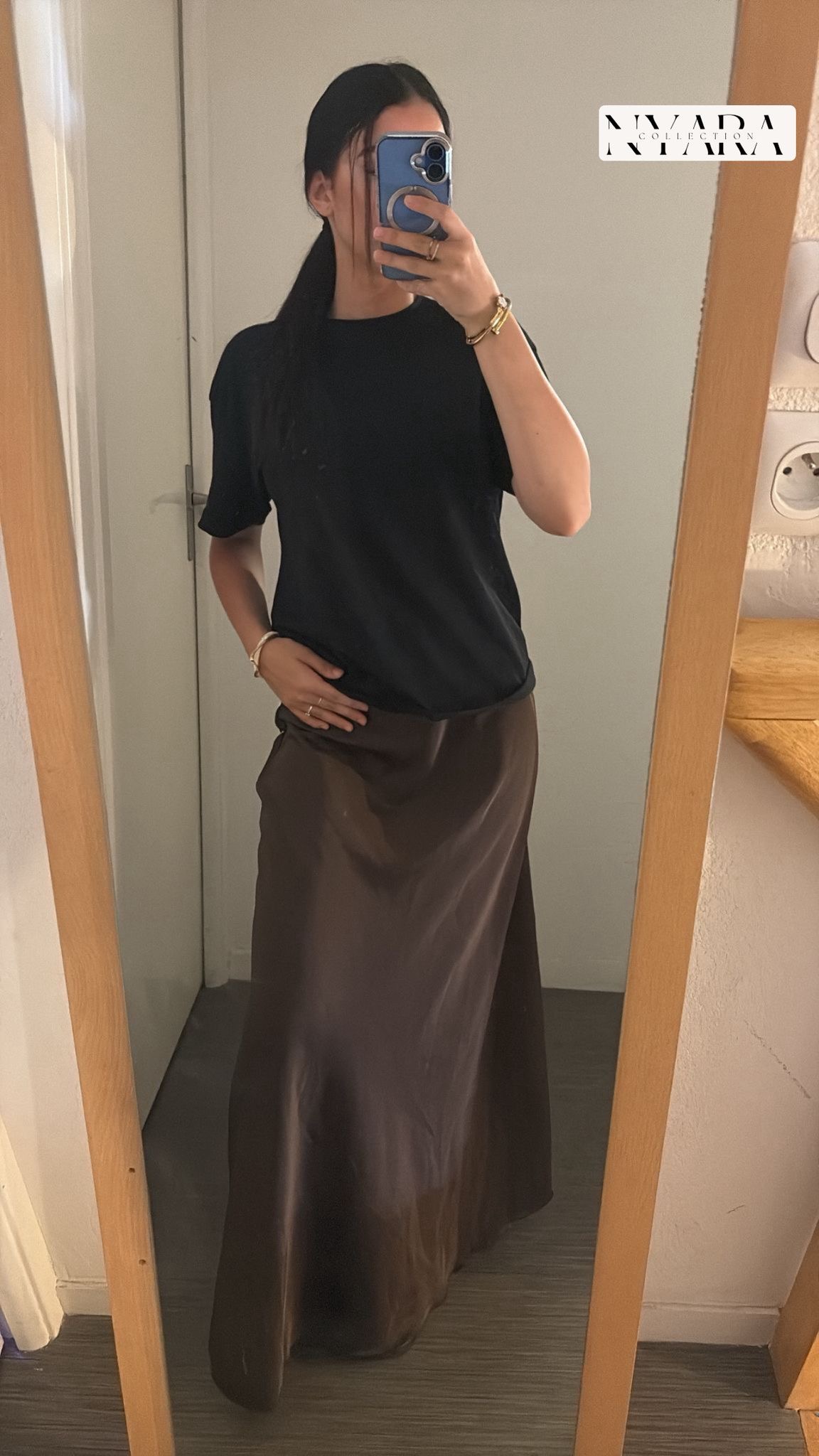 Jupe longue en satin marron