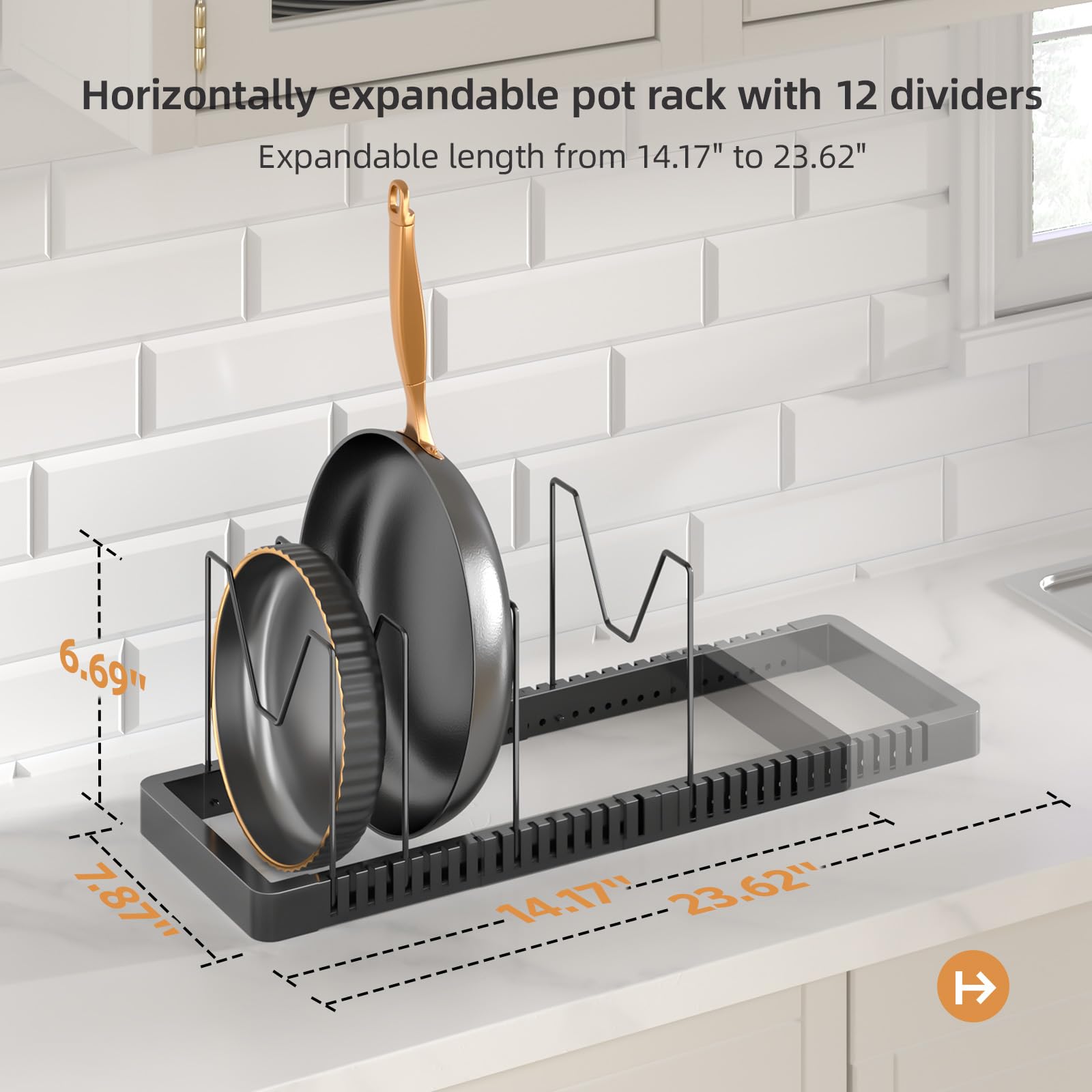 Pots and Pans Organizer under Cabinet, Expandable Pot Lid Organizer Holder with 10 Adjustable Compartment