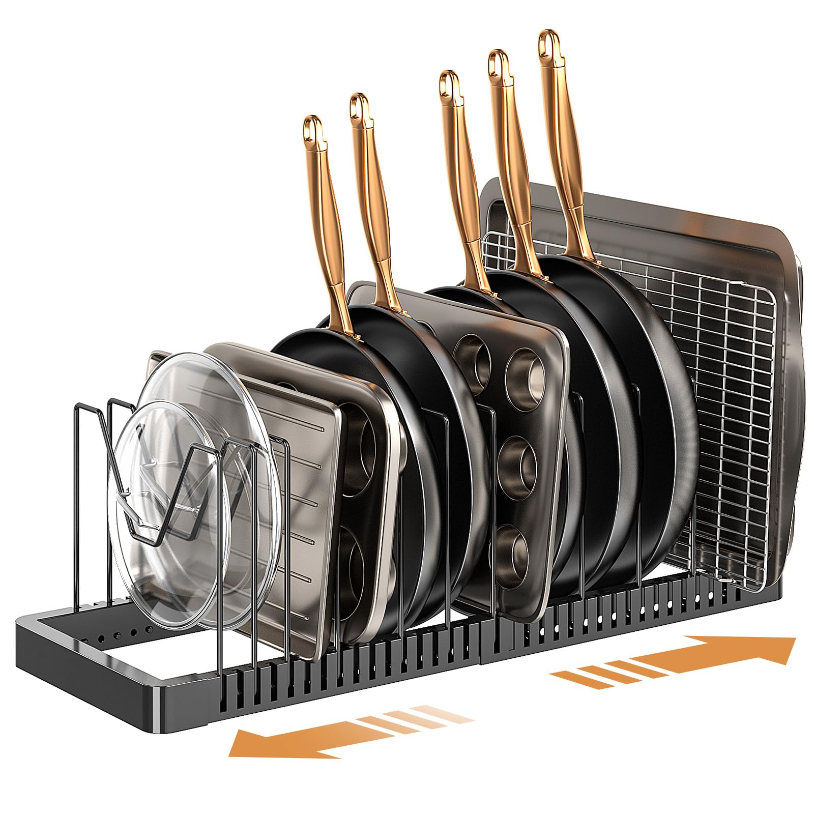 Pots and Pans Organizer under Cabinet, Expandable Pot Lid Organizer Holder with 10 Adjustable Compartment