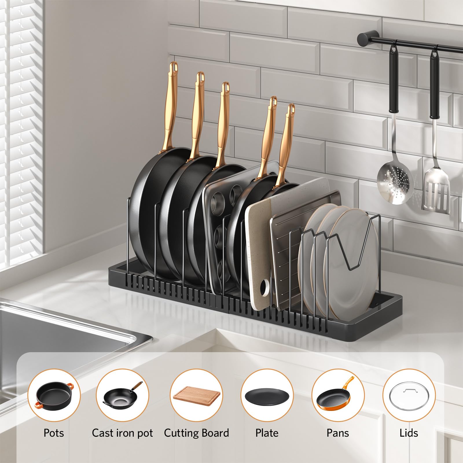 Pots and Pans Organizer under Cabinet, Expandable Pot Lid Organizer Holder with 10 Adjustable Compartment