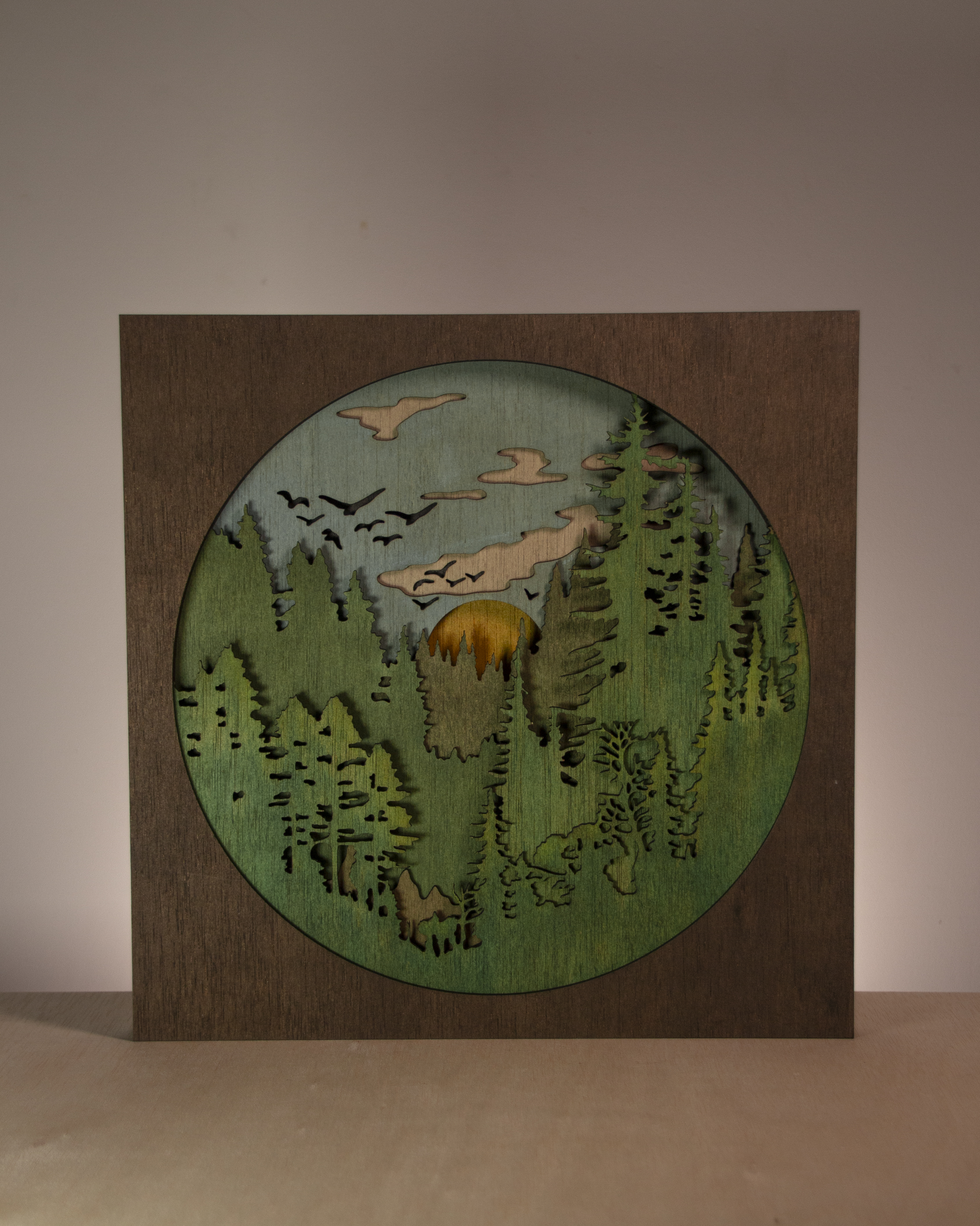 Figura de amanecer en madera multicapa - Montañas y naturaleza