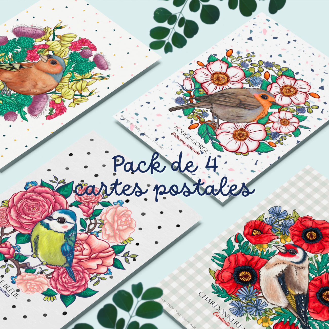 Pack de 4 Cartes postales A6 "Les oiseaux du jardin"