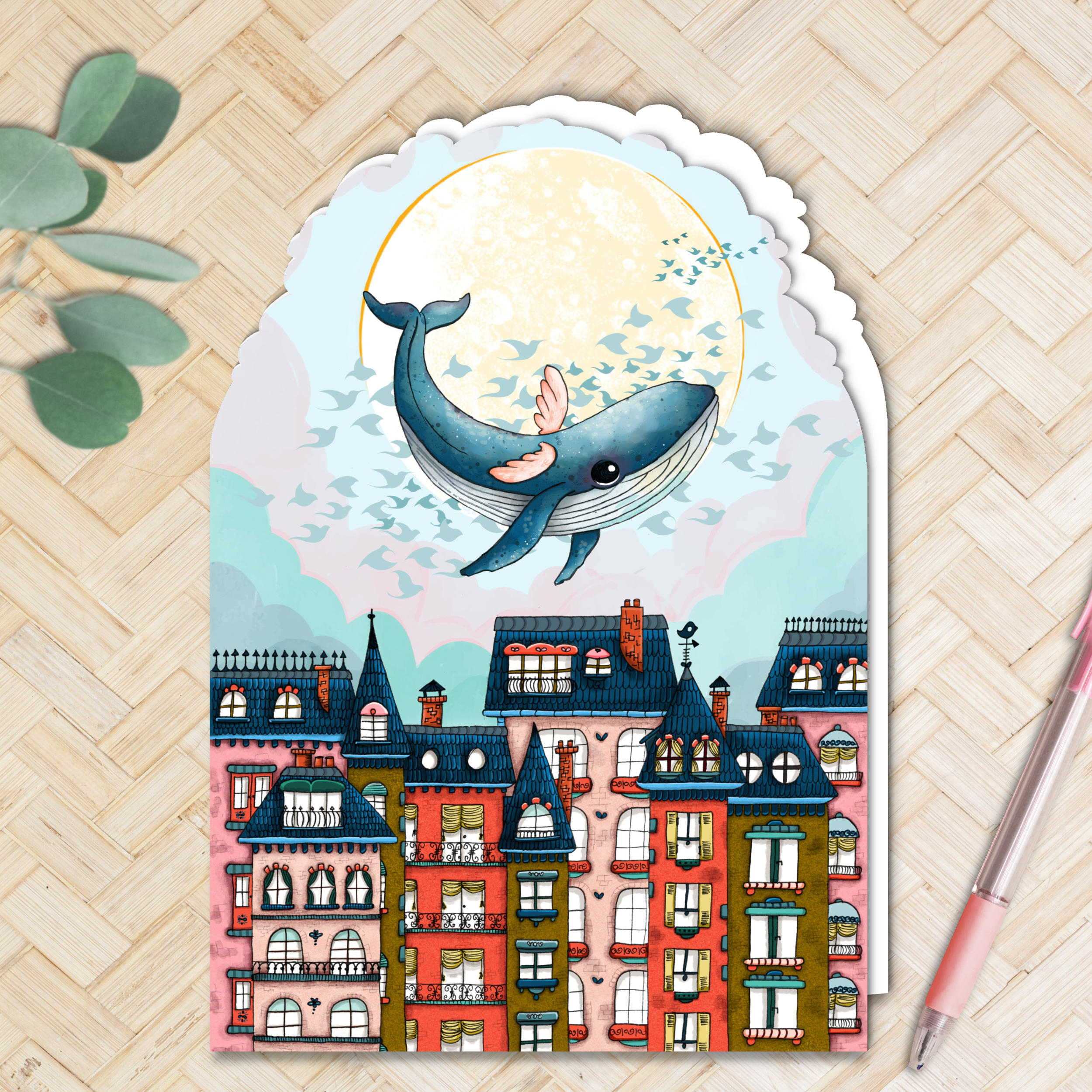 Carte postale découpé A5 "Oscar la baleine volante" et son enveloppe