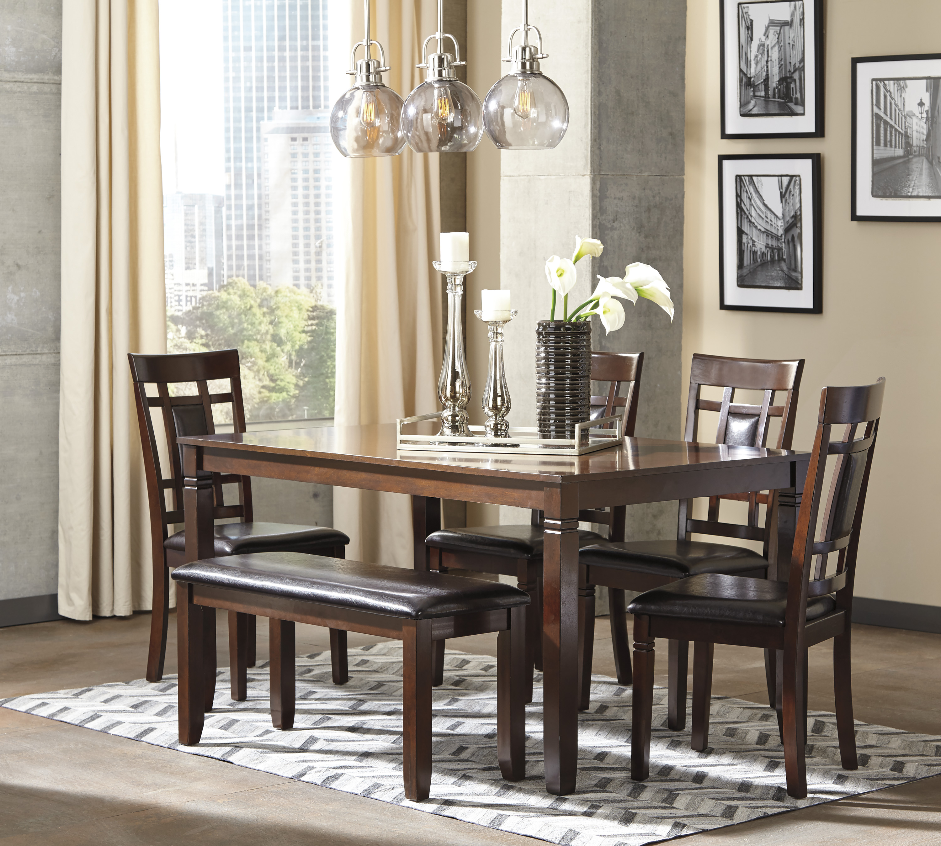 Bennox Dining Table and 4 Chairs and Bench Set