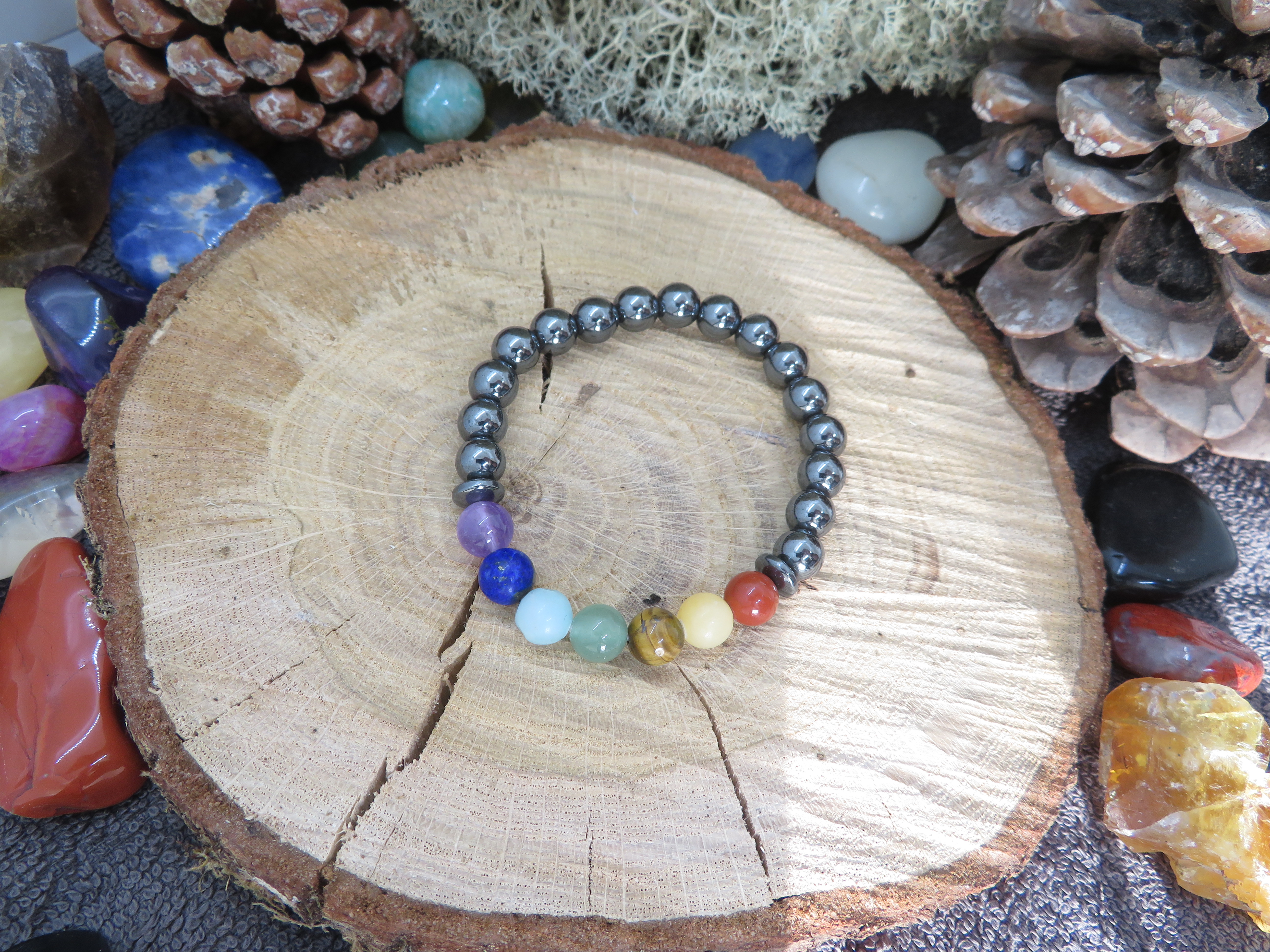 Bracelet harmonie et Hématite 7 chakras 8mm